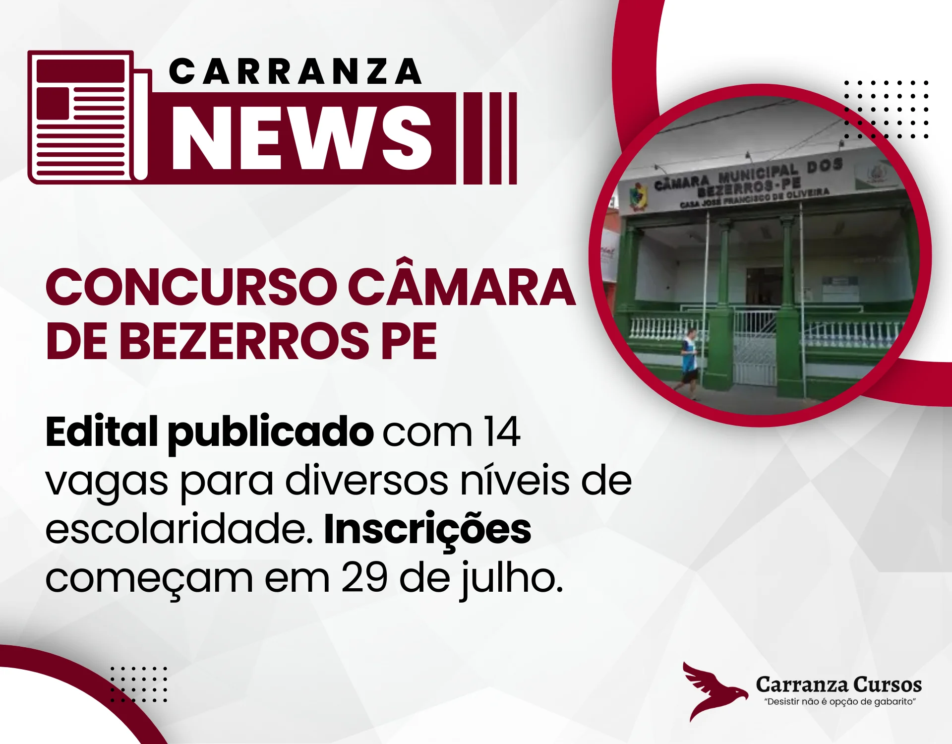 CONCURSO CÂMARA DE BEZERROS-PE: Publica edital com 14 vagas para diversos níveis de escolaridade.