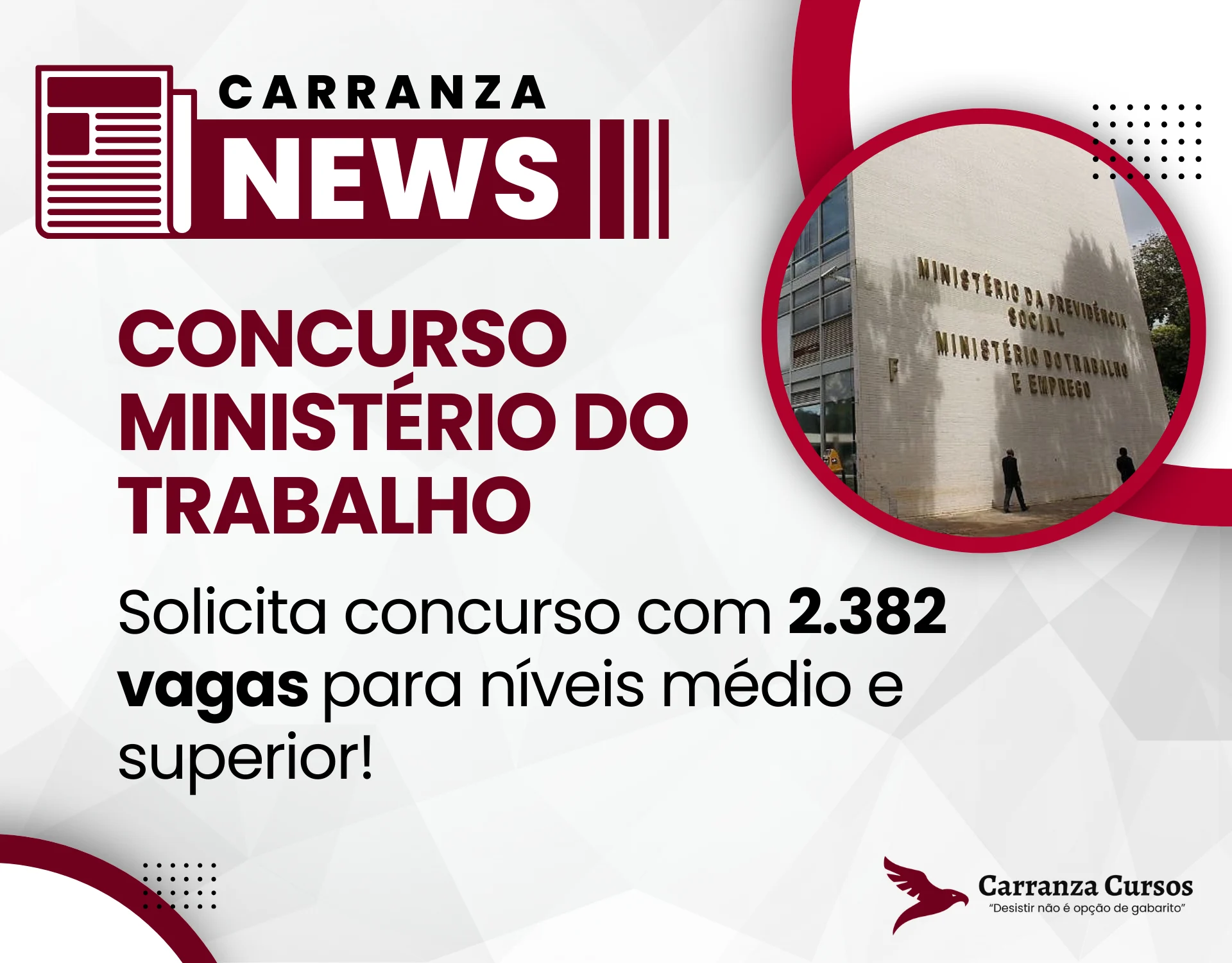 CONCURSO MINISTÉRIO DO TRABALHO: Solicita concurso com 2.382 vagas para níveis médio e superior!