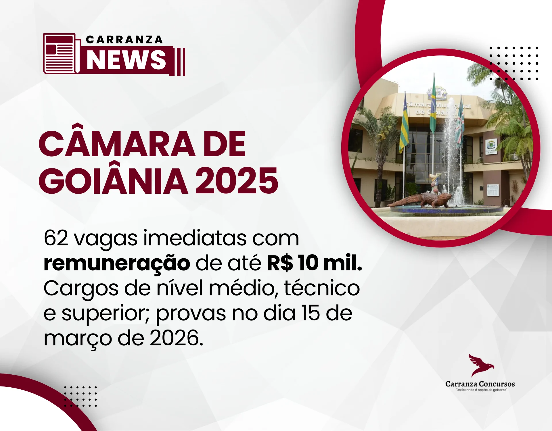 Câmara de Goiânia abre concurso com 62 vagas imediatas e salários de até R$ 10 mil!