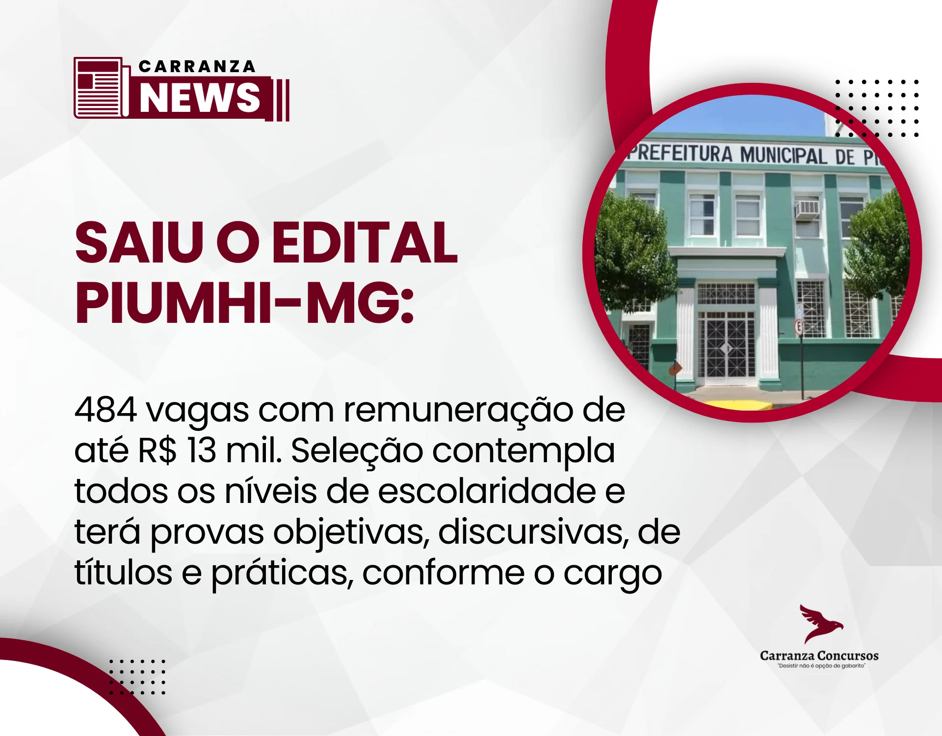 Concurso Público de Piumhi-MG abre 484 vagas com salários de até R$ 13 mil!