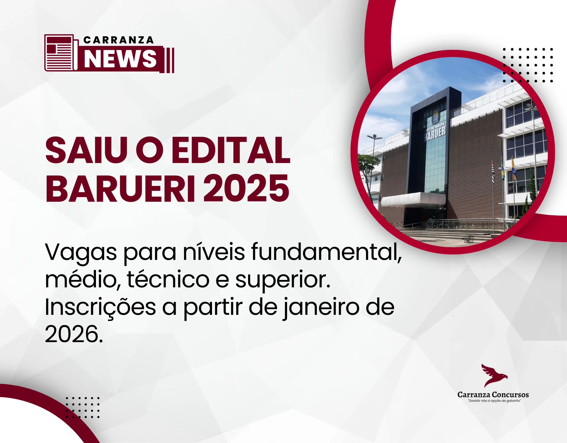 Prefeitura de Barueri abre concurso público com vagas para níveis fundamental, médio, técnico e superior!