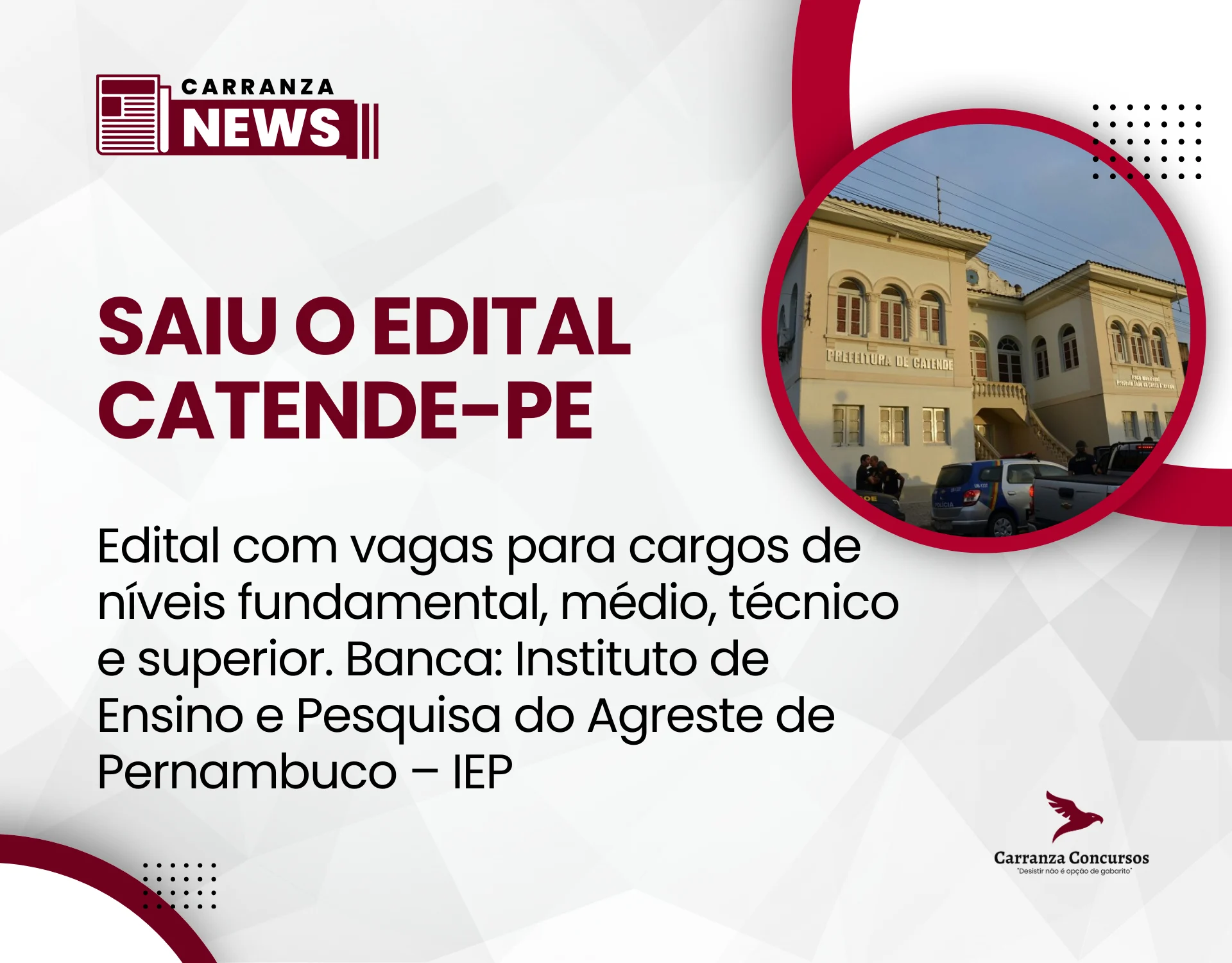 Concurso Prefeitura de Catende-PE publica edital com vagas para todos os níveis e salários de até R$ 4,3 mil.