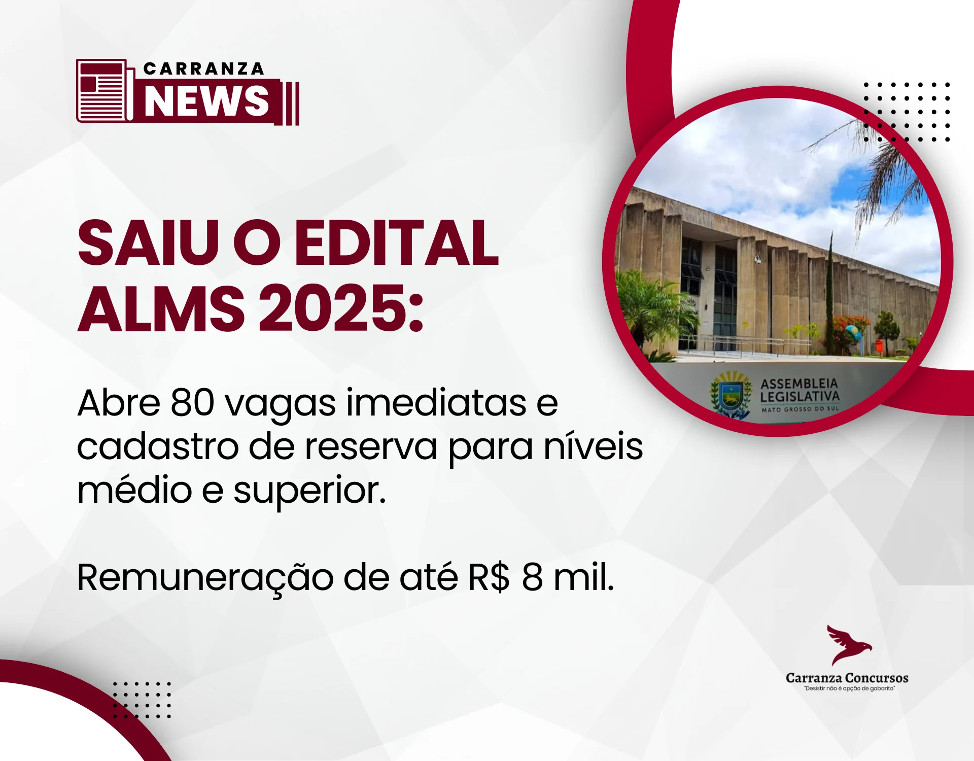 Concurso AL MS é publicado: Abre 80 vagas imediatas e cadastro de reserva!
