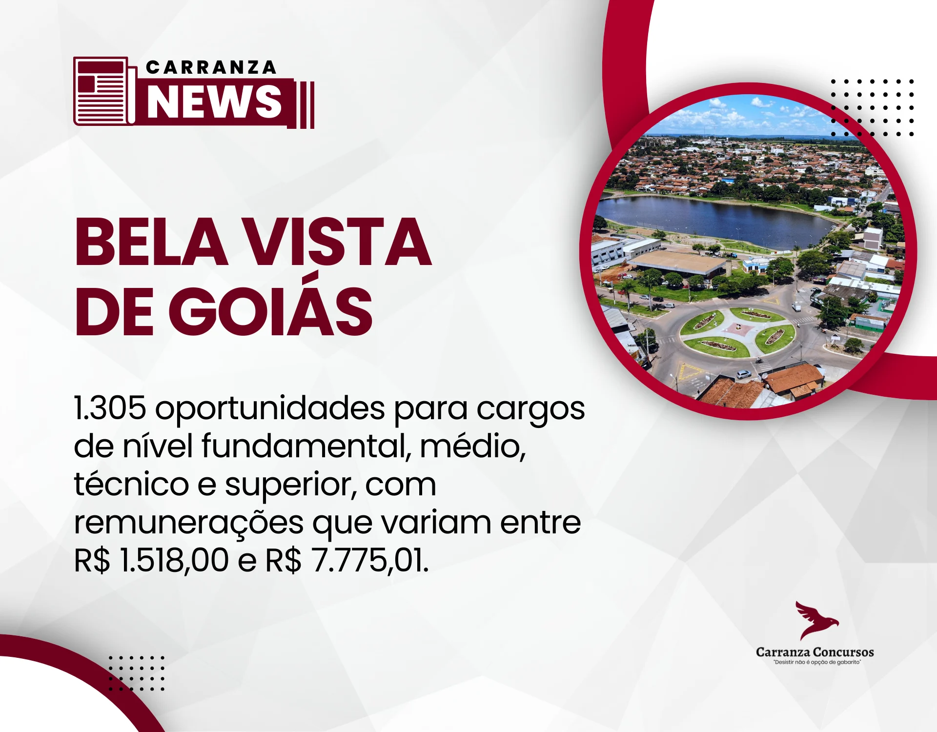 Concurso Bela Vista de Goiás 2026: 281 vagas imediatas e salários de até R$ 7,7 mil.