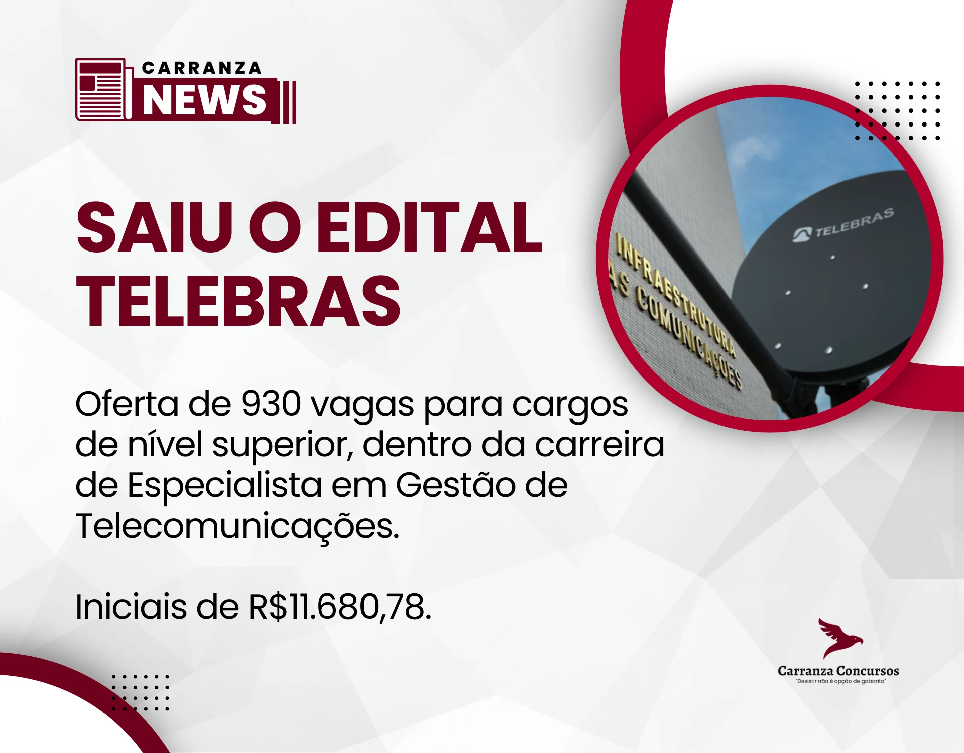 Concurso Telebras 2025: publicado edital com 930 vagas e salários iniciais de R$11.680,78!