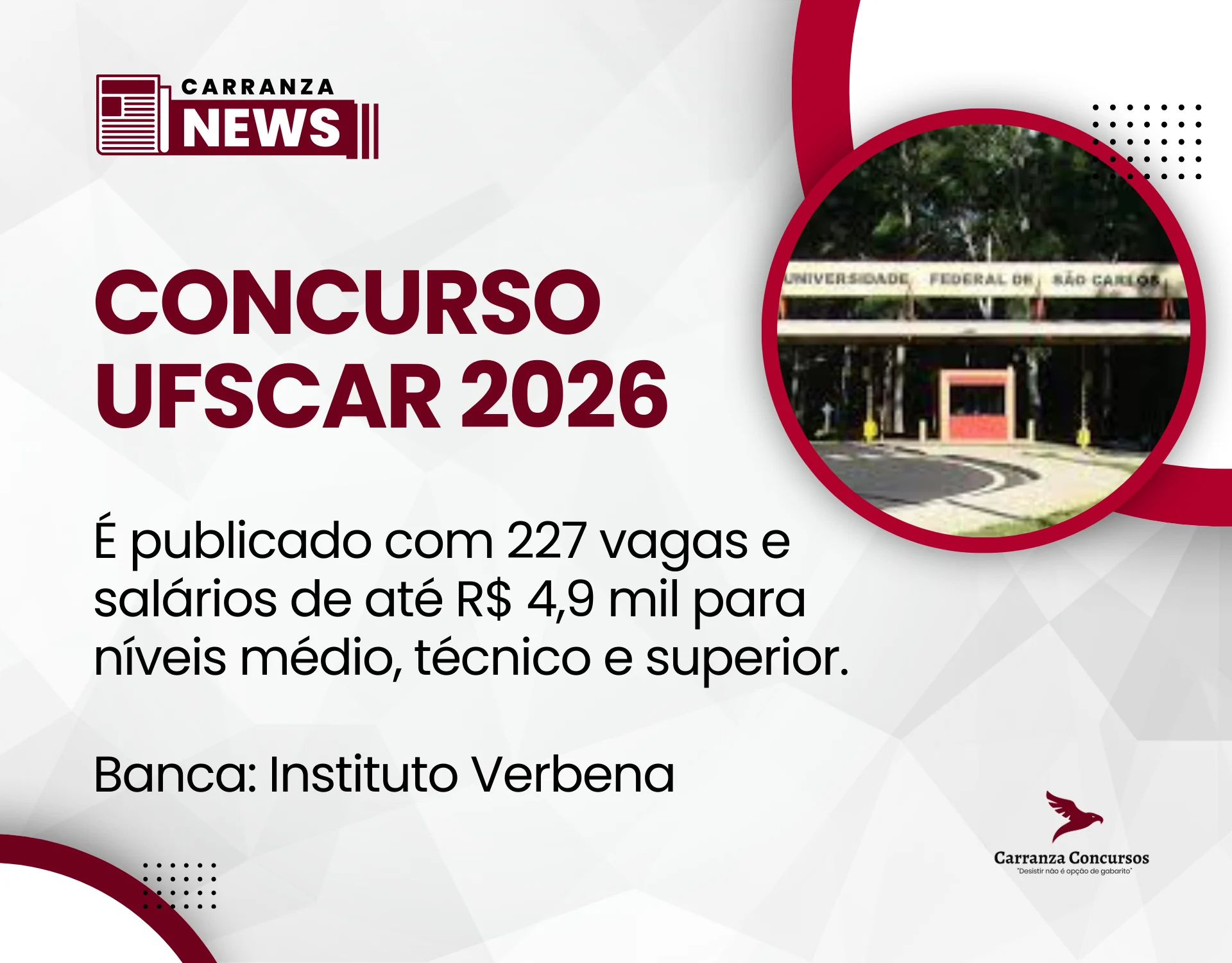Edital UFSCar 2026 é publicado com 227 vagas e salários de até R$ 4,9 mil!