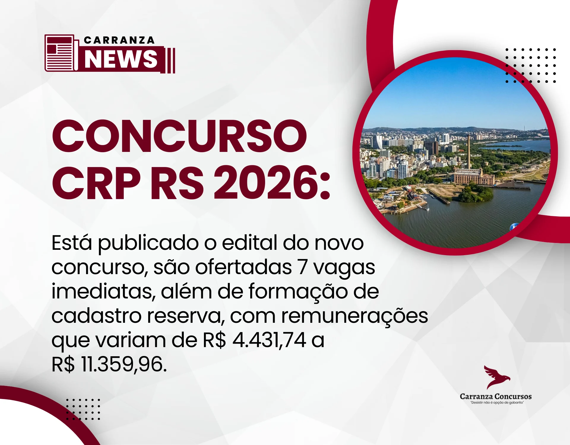 Concurso CRP RS 2026: edital publicado com 7 vagas imediatas e salários de até R$ 11,3 mil!