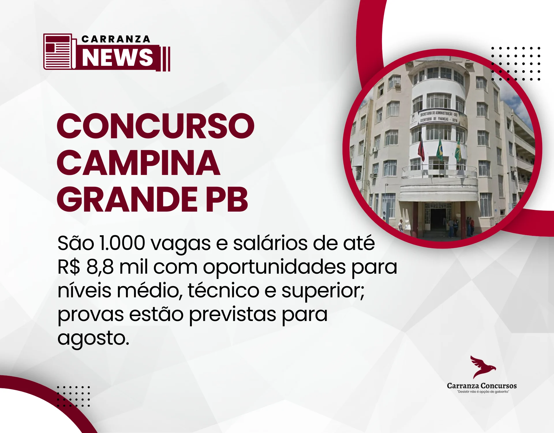 Edital de Campina Grande (PB) é publicado com 1.000 vagas e salários de até R$ 8,8 mil