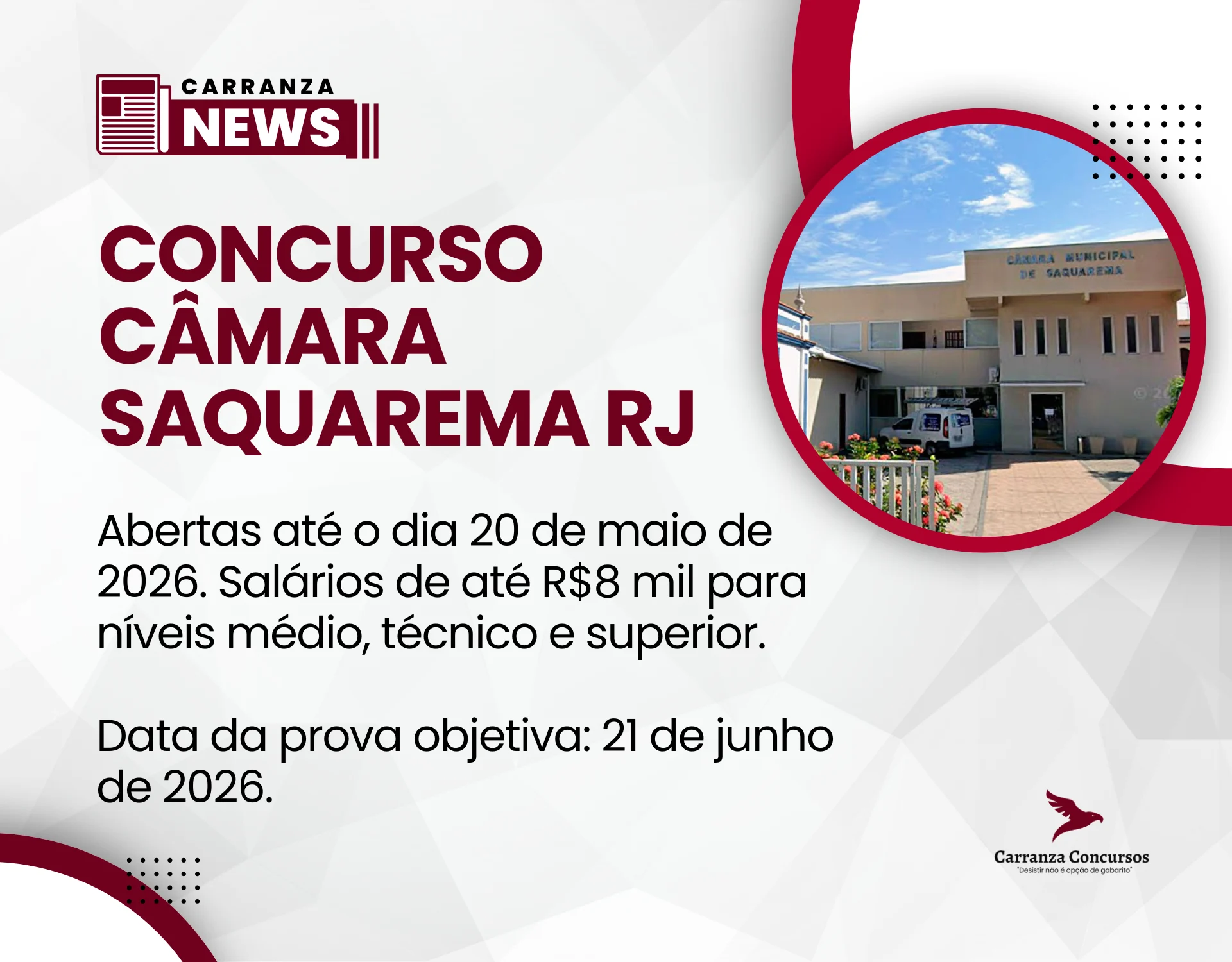 Concurso Câmara de Saquarema RJ oferece 28 vagas com salários de até R$ 8 mil!