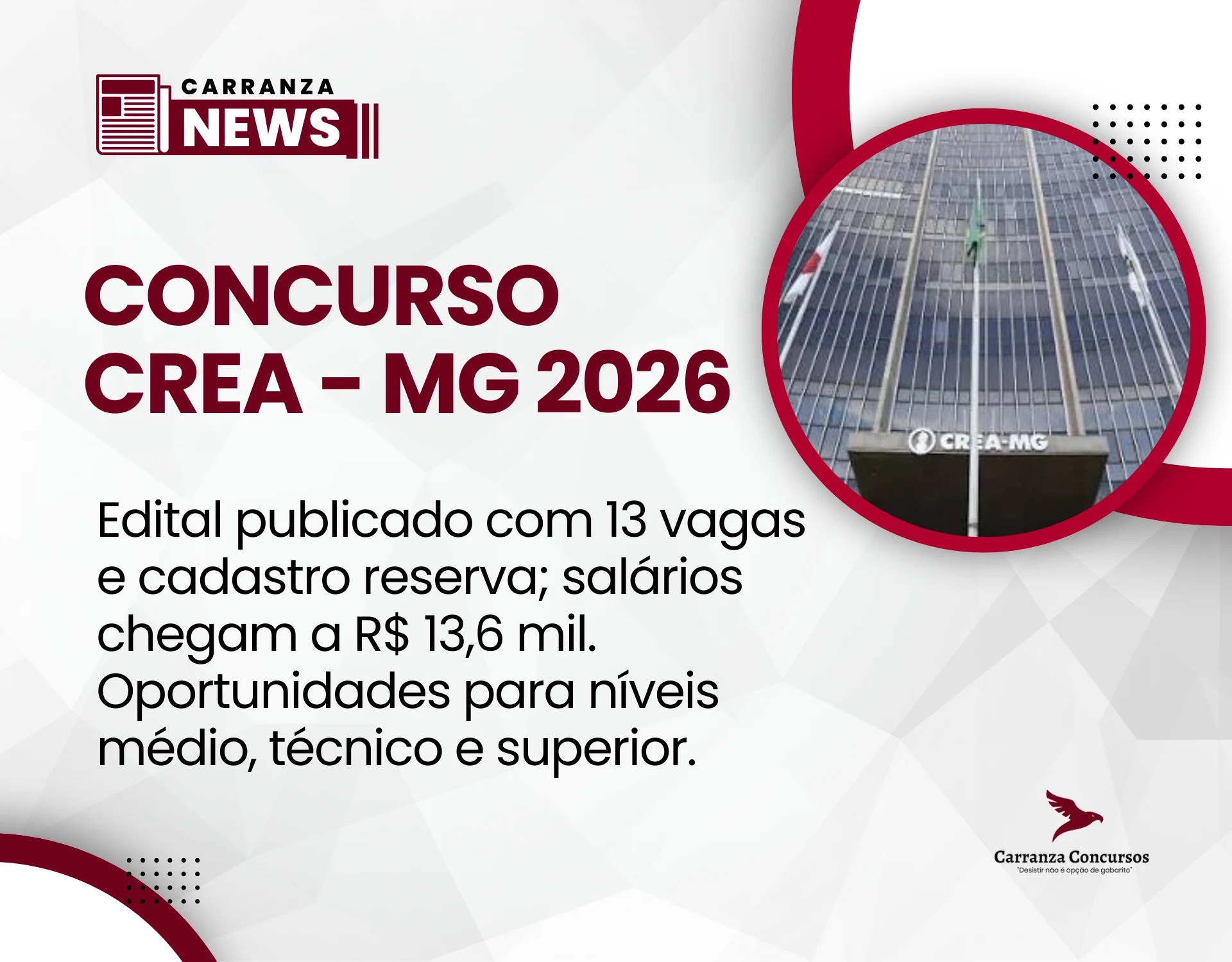 CREA MG tem edital publicado com 13 vagas e cadastro reserva; salários chegam a R$ 13,6 mil!