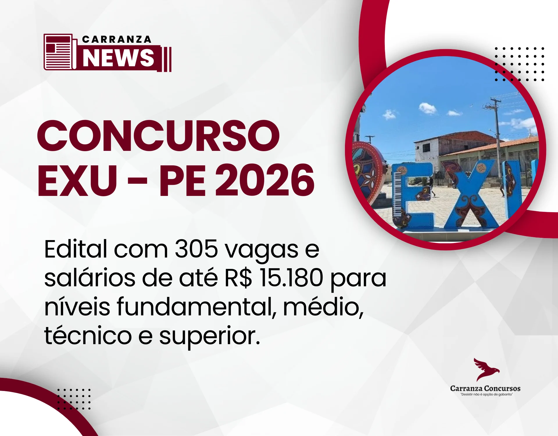Concurso Prefeitura de Exu-PE 2026 publica edital com 305 vagas e salários de até R$ 15.180!