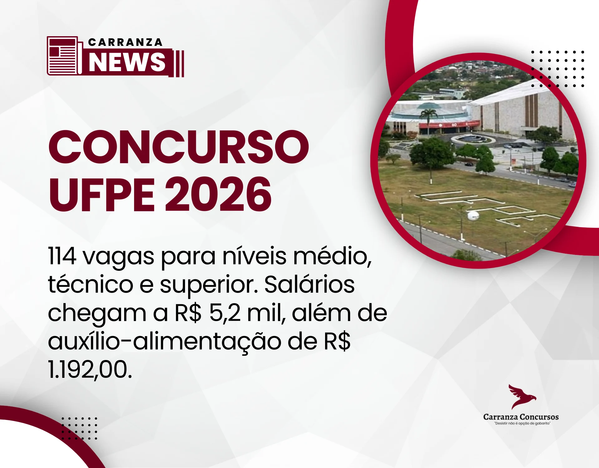 Concurso UFPE 2026: edital é publicado com 114 vagas para técnicos administrativos e salários de até R$ 6,4 mil.