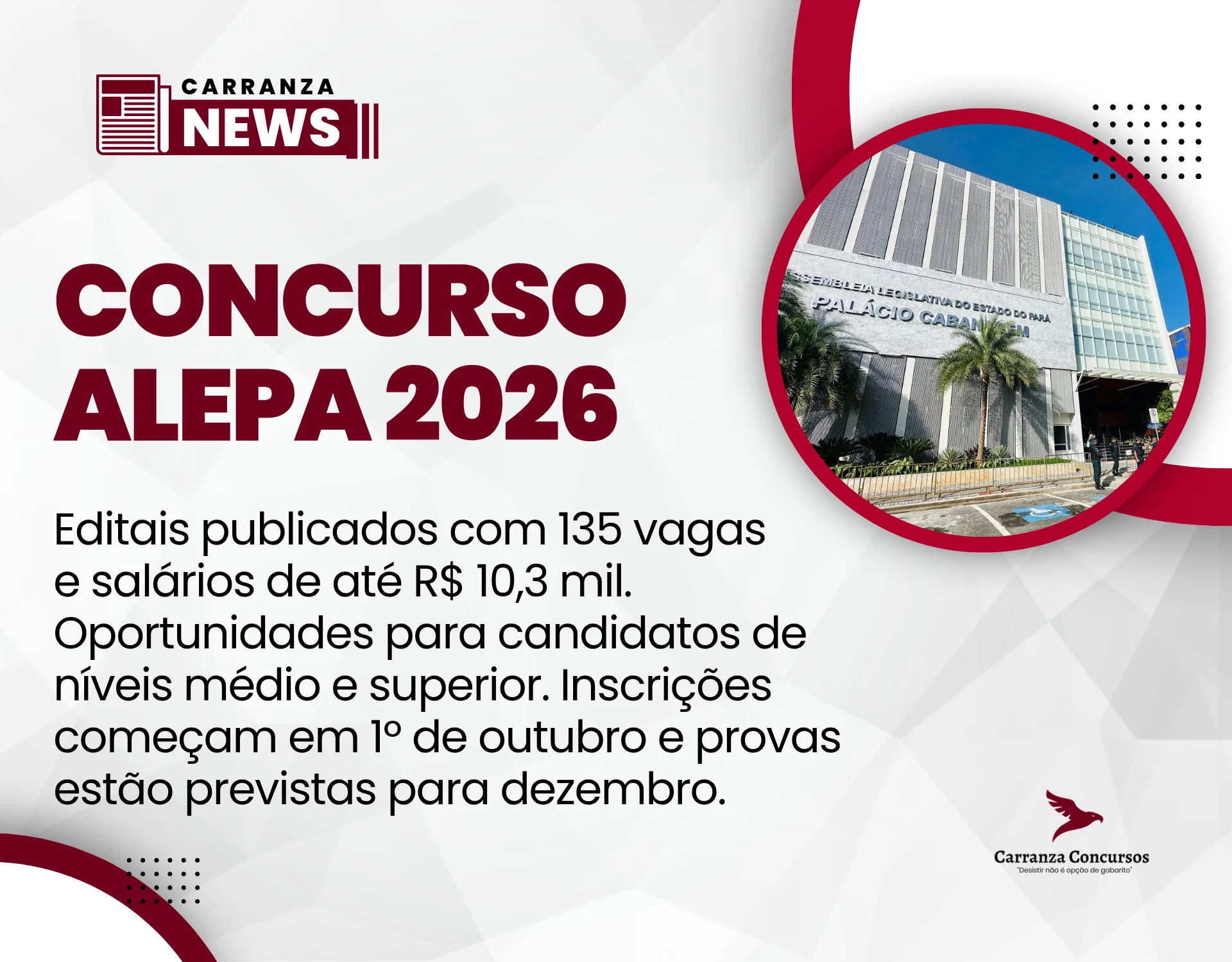Edital ALEPA 2026 publicado com 135 vagas e salários de até R$ 10,3 mil!