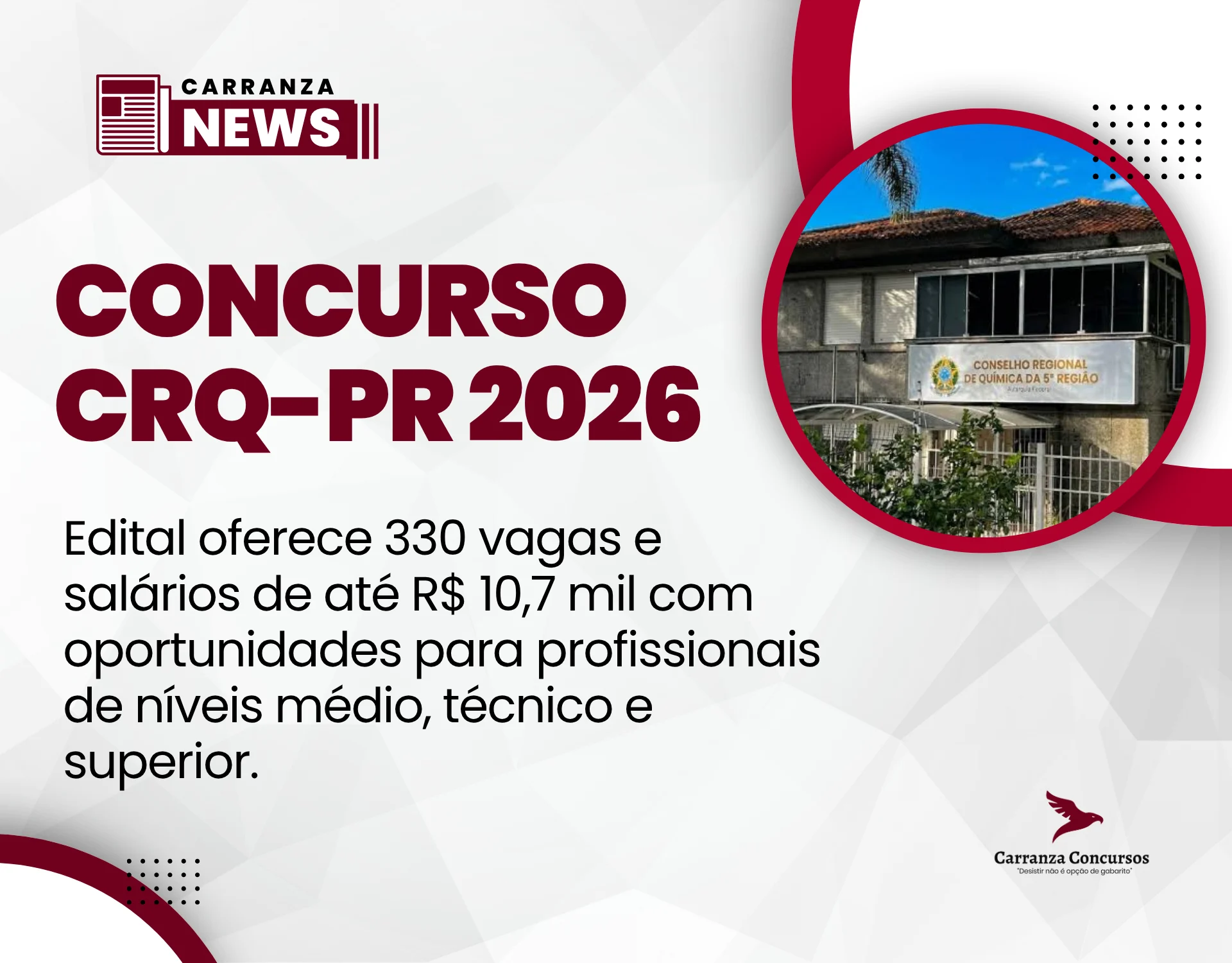Concurso CRQ-PR 2026: edital oferece 330 vagas e salários de até R$ 10,7 mil!
